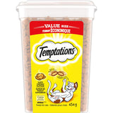 Resealable tub of Temptations Tasty Chicken cat treats, featuring crunchy bites with soft centers, perfect for rewarding your cat.