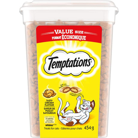Resealable tub of Temptations Tasty Chicken cat treats, featuring crunchy bites with soft centers, perfect for rewarding your cat.