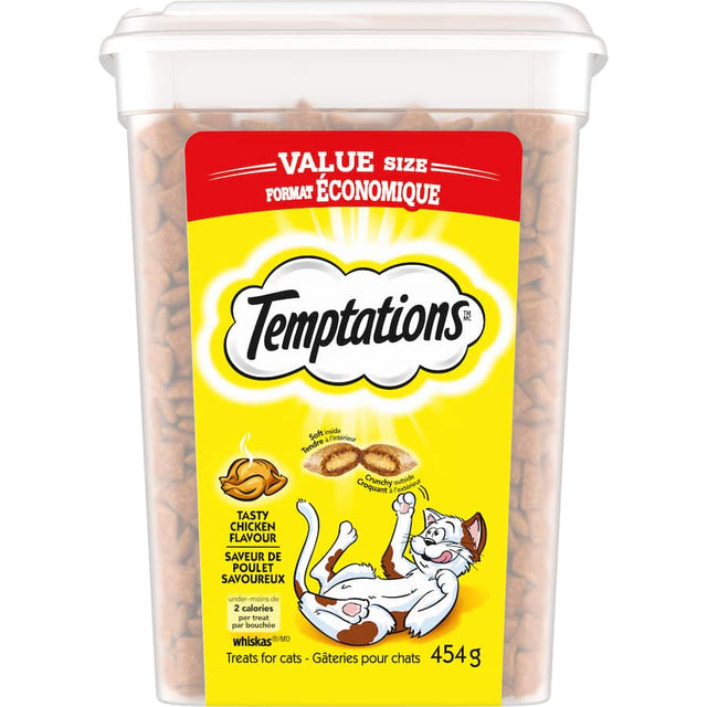 Resealable tub of Temptations Tasty Chicken cat treats, featuring crunchy bites with soft centers, perfect for rewarding your cat.