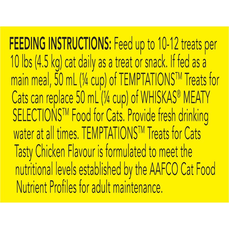 Temptations Cat Treats Tasty Chicken: Crunchy bites with a soft center, chicken flavor, and 100% nutritionally complete and guilt-free.