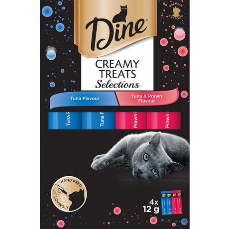 Creamy tuna mixed selection cat treats in sachets for a delightful, hand-fed bonding experience with your feline friend.