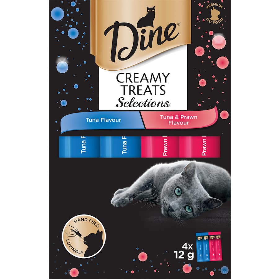Gourmet Dine Cat Treats Creamy Tuna selection in sachets, perfect for bonding and rewarding your feline friend.
