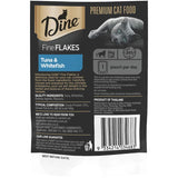 Dine Fine Flakes Wet Cat Food pouch featuring tuna and whitefish, grain-free and preservative-free for sensitive cats.