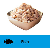 "Dine Fine Flakes Wet Cat Food with tuna and whitefish, grain-free and preservative-free, perfect for discerning cats."