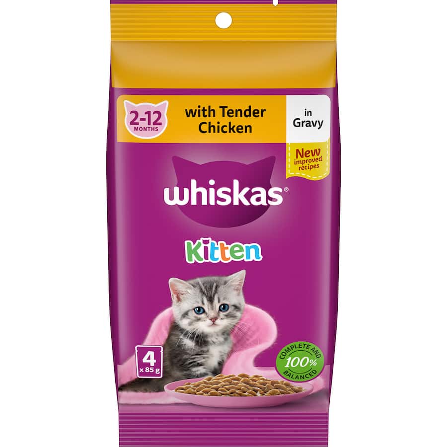 Whiskas Kitten Wet Cat Food with chicken in gravy, designed for balanced nutrition and easy eating for developing kittens.