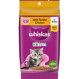 Whiskas Kitten Wet Cat Food with chicken in gravy, designed for balanced nutrition and easy eating for developing kittens.