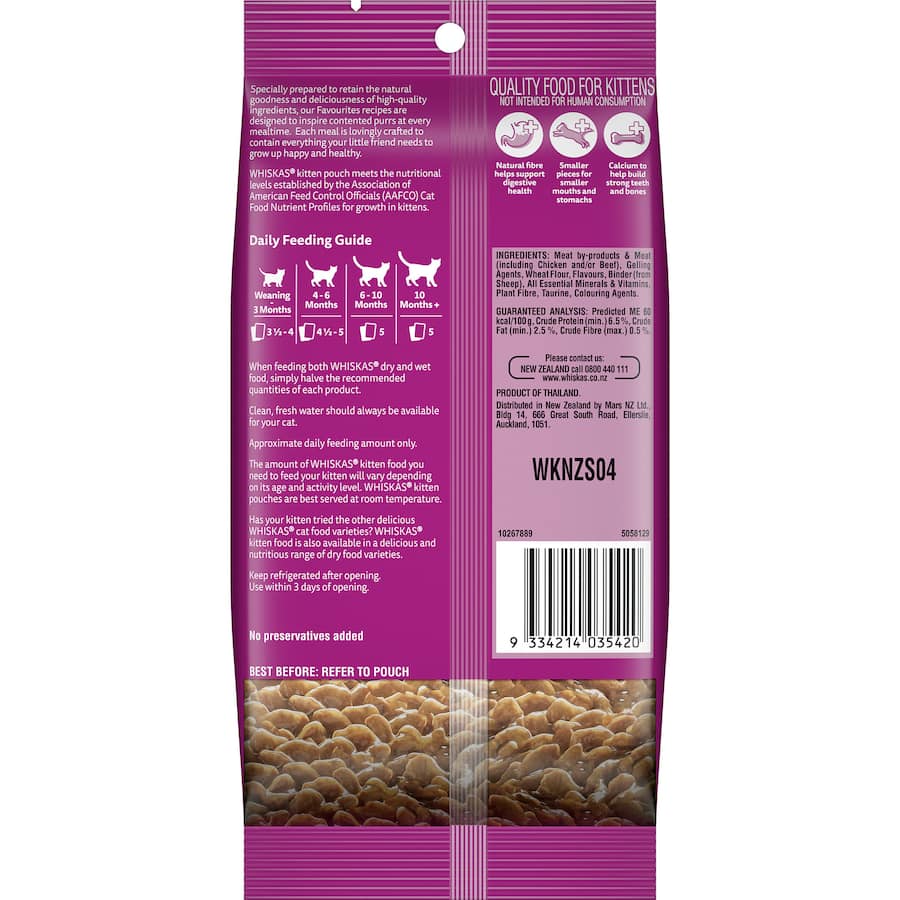 Whiskas Kitten Wet Cat Food features tender chicken in gravy, designed for kittens' nutrition and easy eating.