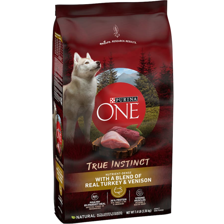 Premium dry dog food featuring real turkey and venison for strong muscles, joint health, and a shiny coat.