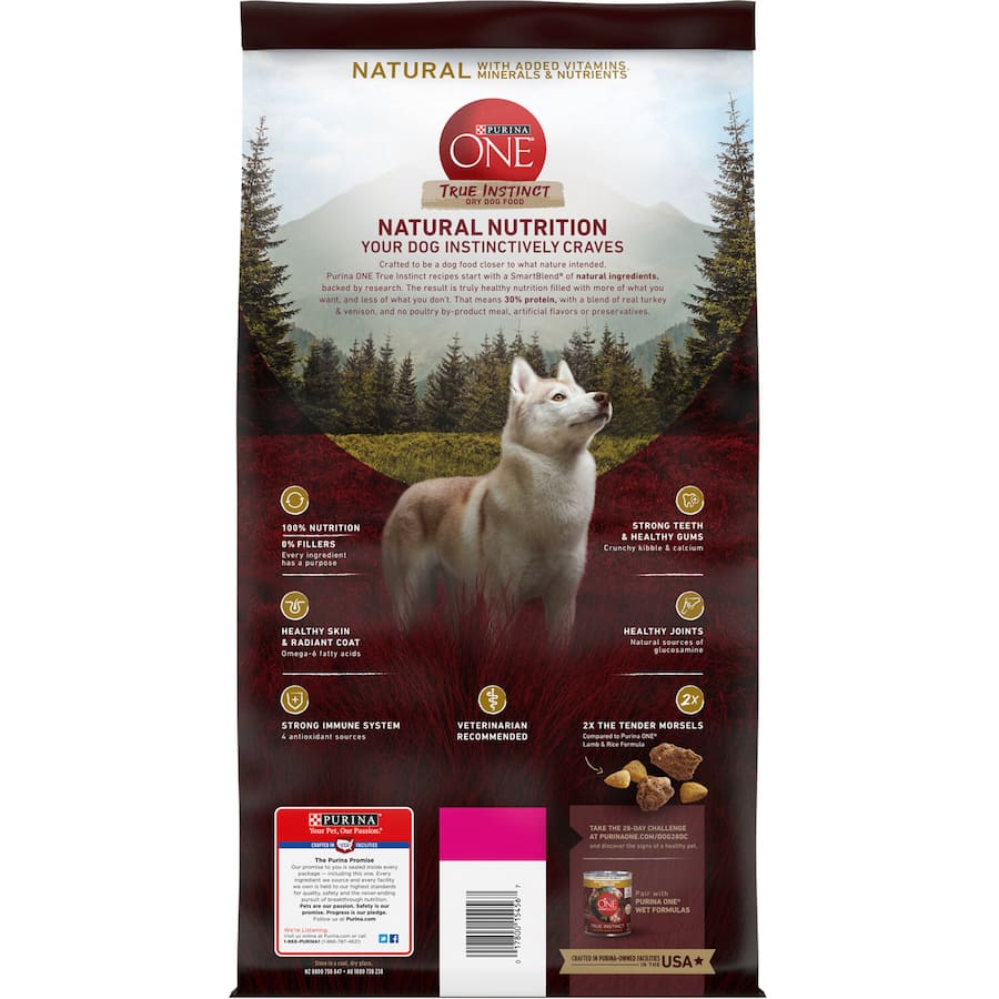 Purina One True Instinct Dry Dog Food features real turkey and venison for high protein, joint health, and a shiny coat.