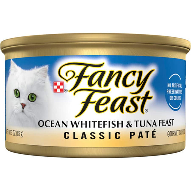 Gourmet wet cat food featuring ocean whitefish and tuna in a smooth pâté, perfect for picky eaters and balanced nutrition.