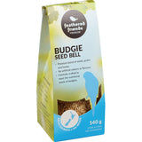 Feathered Friends Budgie Seed Bell with seeds, grains, and honey, promoting health and natural foraging for pet birds.