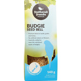 Feathered Friends Budgie Seed Bell featuring a premium blend of seeds, grains, and honey for healthy pet bird nutrition.
