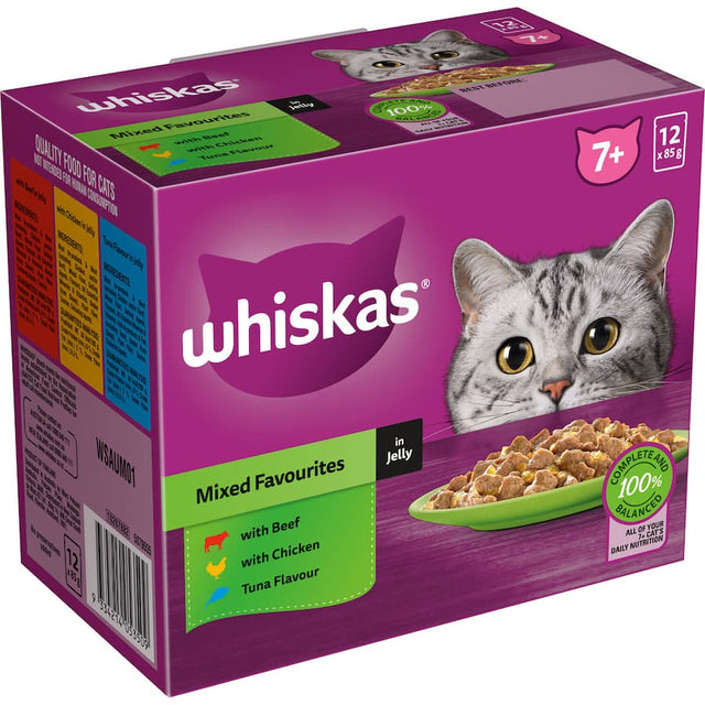 Whiskas Senior Wet Cat Food with mixed jelly flavours, packed with protein, vitamins, and tailored nutrition for 7+ cats.