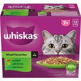 Whiskas Senior Wet Cat Food with jelly, 12 pouches; complete nutrition for cats 7+, promotes heart health and hydration.