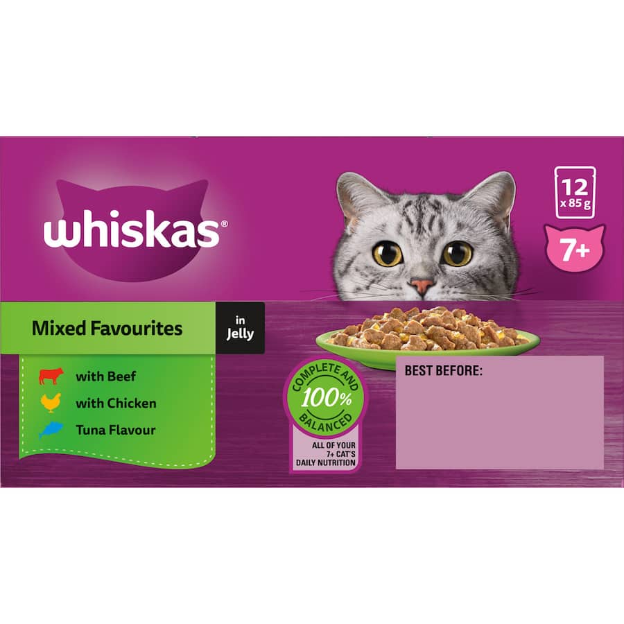 Whiskas Senior Wet Cat Food in Jelly with quality protein, vitamins, and 3 tasty flavors for healthy, balanced nutrition.