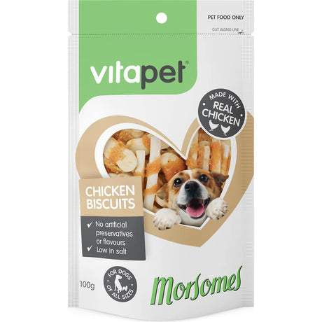 Vitapet Morsomes Dog Treats Chicken Biscuits, made with real chicken, healthy, natural, no artificial additives, for all dogs.