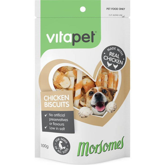 Vitapet Morsomes Dog Treats Chicken Biscuits, made with real chicken, healthy, natural, no artificial additives, for all dogs.