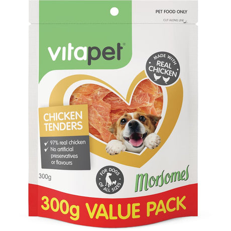 Vitapet Morsomes Chicken Tenders, made with 97% real chicken, offer nutritious, delicious, and healthy treats for adult dogs.