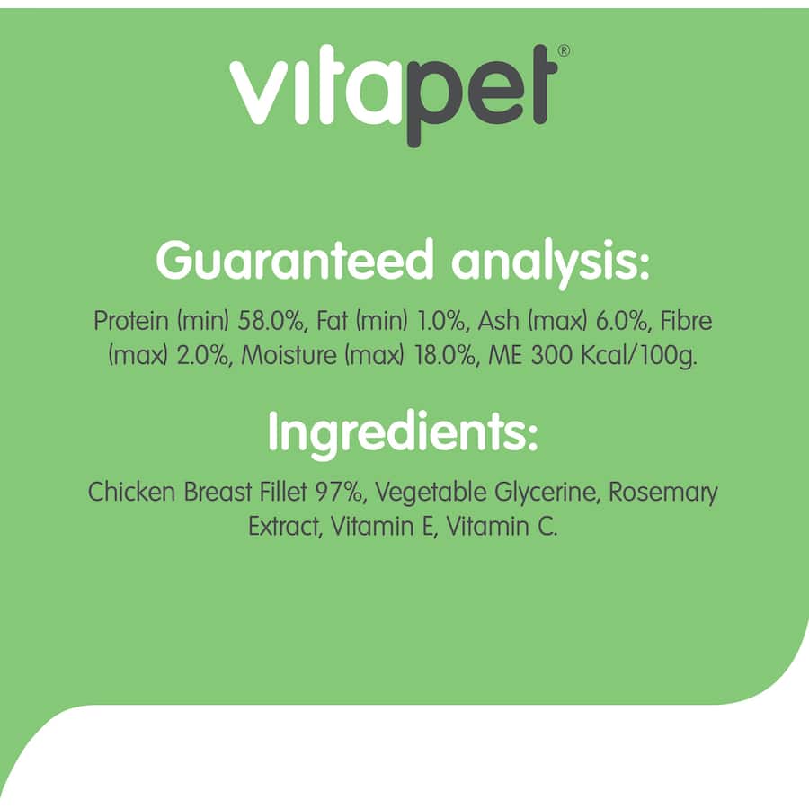 Vitapet Morsomes Chicken Tenders: 97% real chicken meat, nutritious treat for dogs, made with minimal processing and natural ingredients.