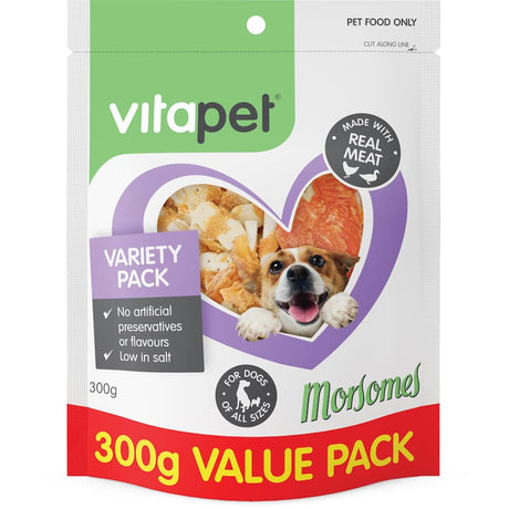 Vitapet Morsomes Dog Treats Variety Pack featuring real chicken and duck bites, perfect for rewarding pets without preservatives.