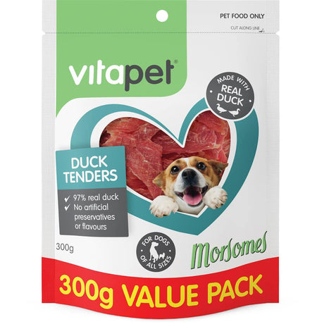 Vitapet Morsomes Duck Tenders, premium dog treats made from 97% duck meat, ideal for healthy rewards and training.