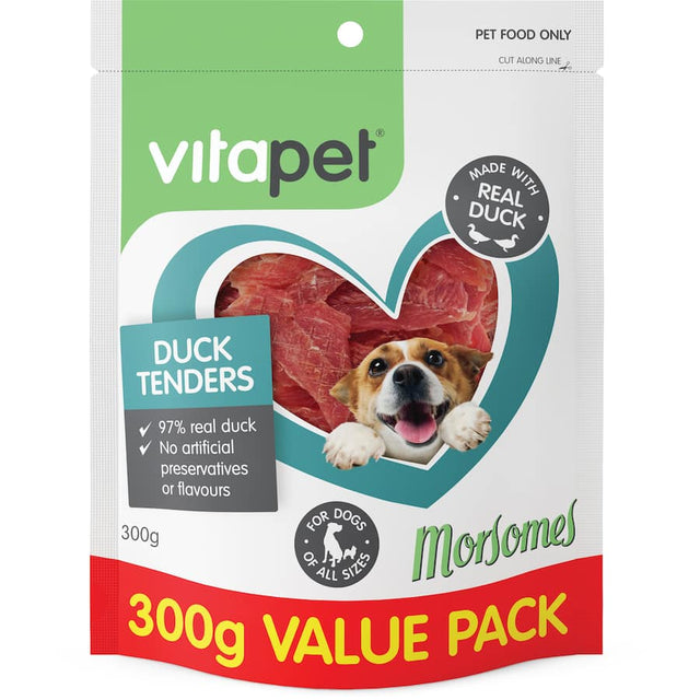 Vitapet Morsomes Duck Tenders, premium dog treats made from 97% duck meat, ideal for healthy rewards and training.