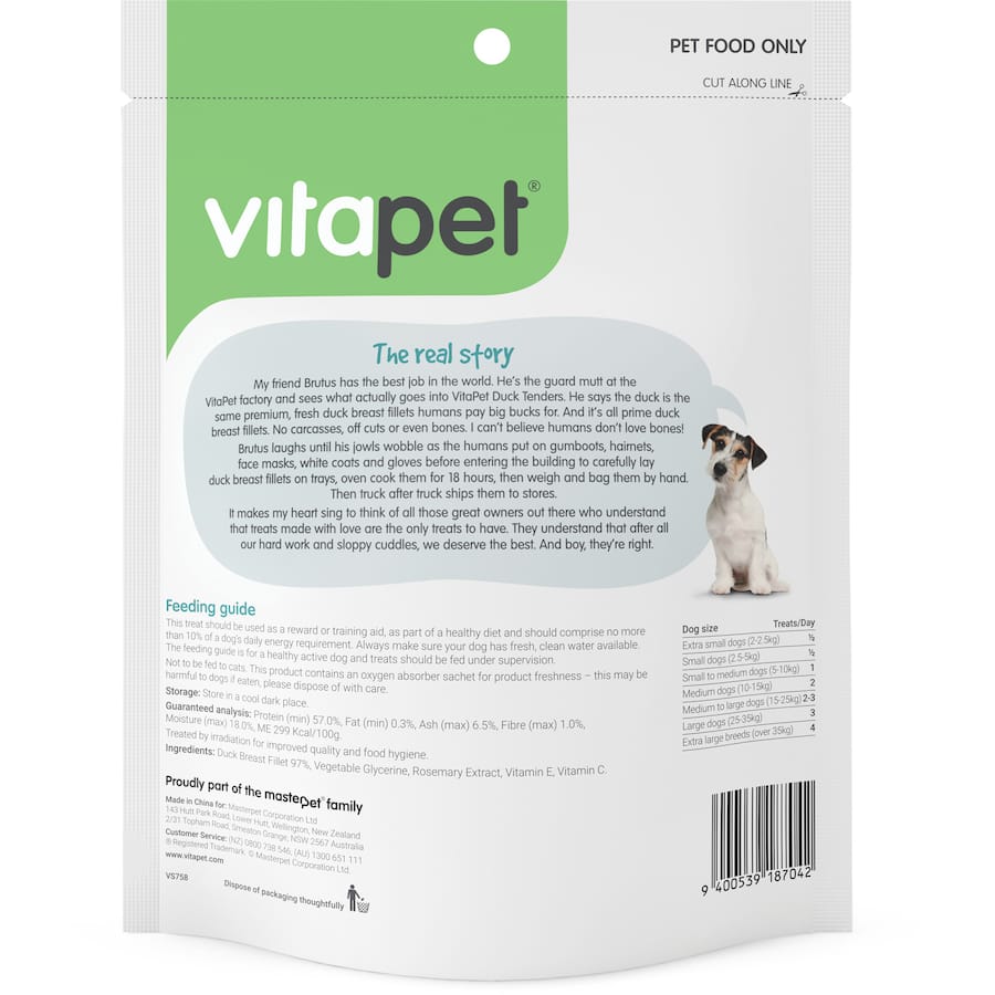 Vitapet Morsomes Duck Tenders: premium duck treats rich in flavor, crafted from 97% real duck meat for healthy dog rewards.