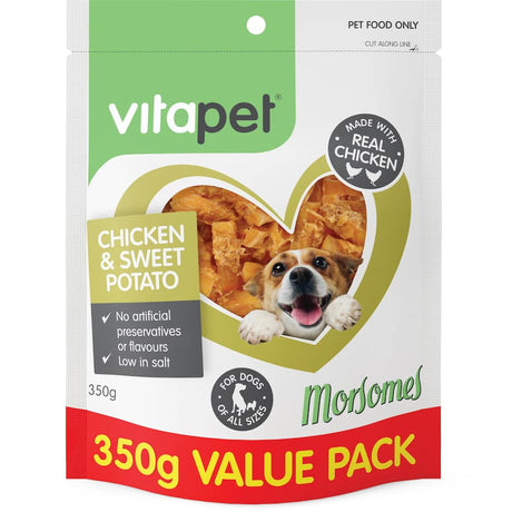 Vitapet Morsomes Dog Treats featuring chicken and sweet potato, a nutritious and tasty snack for dogs of all sizes.