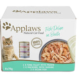 Applaws Wet Cat Food Fish Deluxe: gourmet wet food with 75% fish, 100% natural ingredients, rich in taurine for feline health.