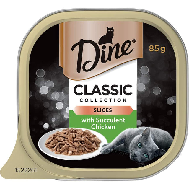 Dine Classic Collection wet cat food with succulent chicken features tender slices in flavorful gravy for discerning cats.