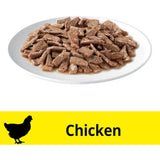 Wet cat food featuring tender chicken slices in rich gravy, designed to satisfy a cat's discerning taste and support health.