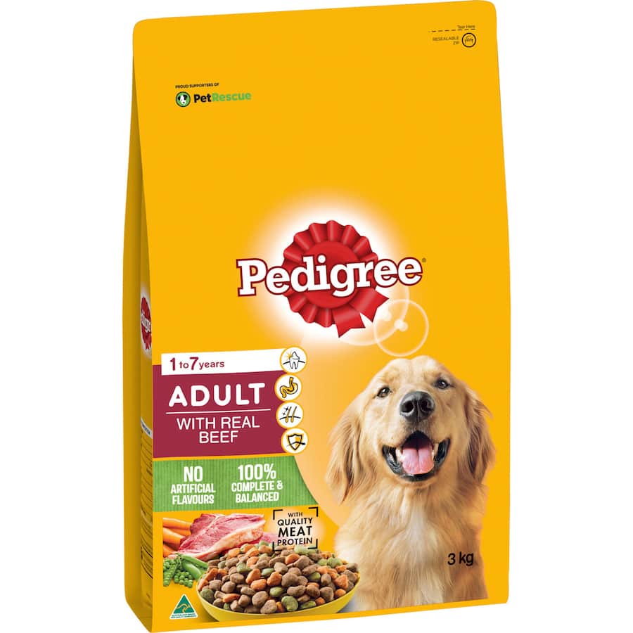 A 3kg bag of Pedigree Dry Dog Food featuring real beef, designed for adult dogs with balanced nutrition and essential proteins.