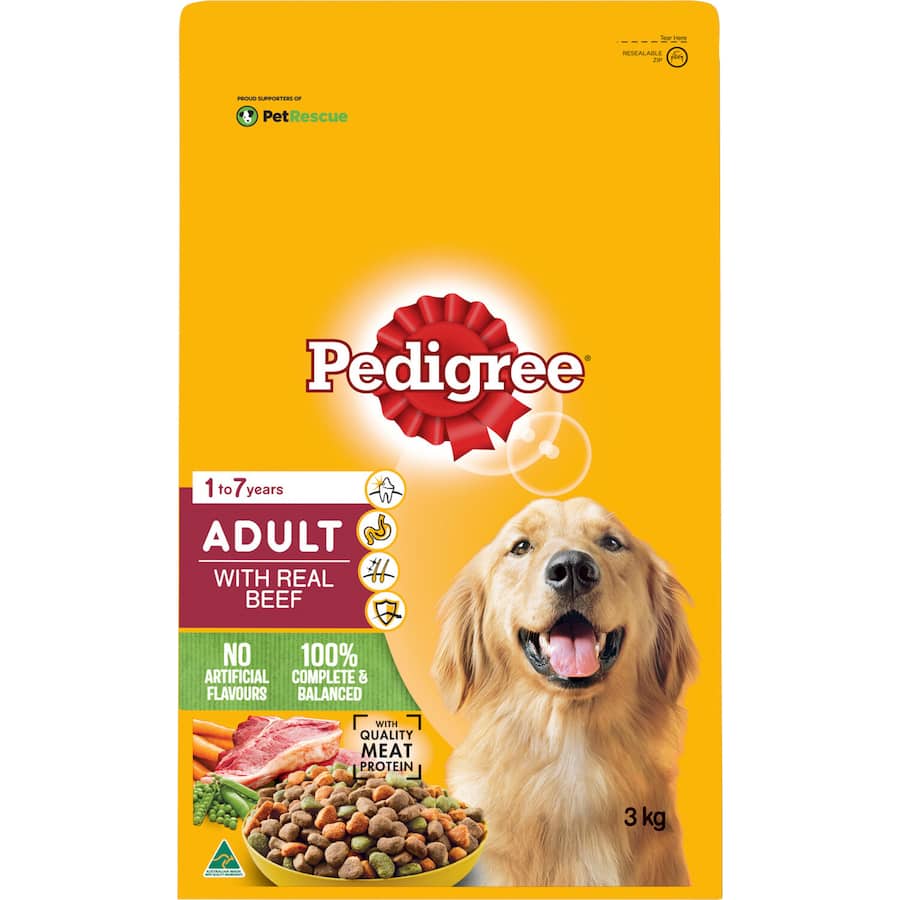 A 3kg bag of Pedigree Dry Dog Food with Real Beef, providing balanced nutrition for adult dogs with vital protection for health.