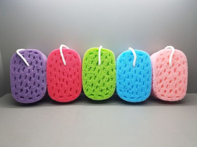 Vibrant bath sponge with string attachment, perfect for exfoliating and lathering in various colors: Blue, Green, Red, Pink, Purple.