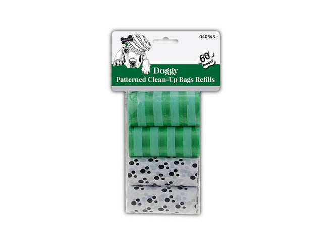Eco-friendly patterned dog clean up bags in 24 packs for hassle-free waste disposal during walks and park visits.