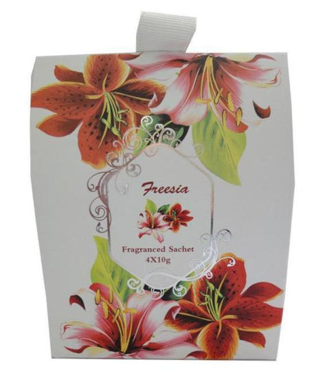 Four freesia-scented sachets, each 9.5x12cm, perfect for adding a floral aroma to any room or closet.