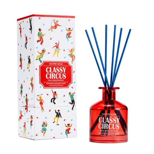 Classy Circus Pink Passionfruit Diffuser with 200ml of exotic aromas and 6 rattan reeds, perfect for stylish home ambiance.