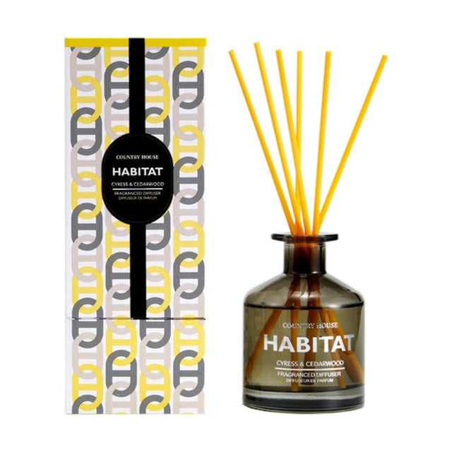 Elegant Habitat Cypress & Cedarwood Diffuser with 6 rattan reeds, featuring a refreshing forest scent blend for home ambiance.