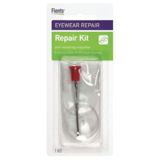 Flents Eyeglass Repair Kit with screwdriver, magnifier, screws, and pouch for quick, on-the-go eyeglass repairs.