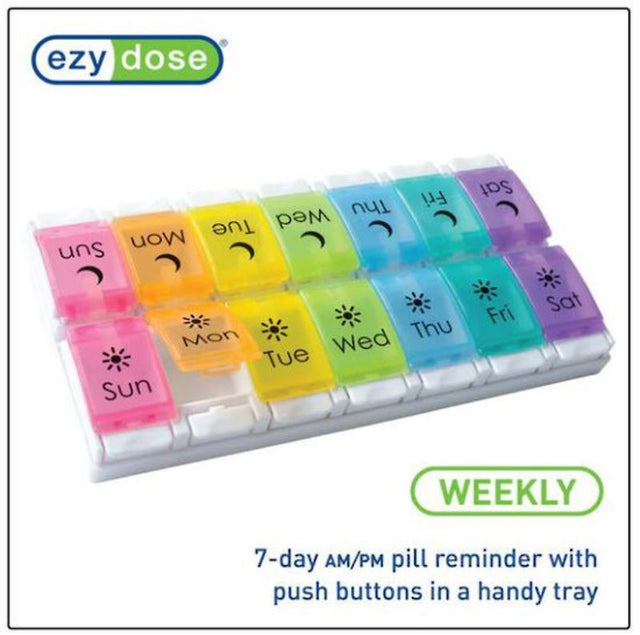 Colorful Acu-Life Ezy Dose AM/PM Weekly Pill Planner with easy-open compartments for organized medication management.