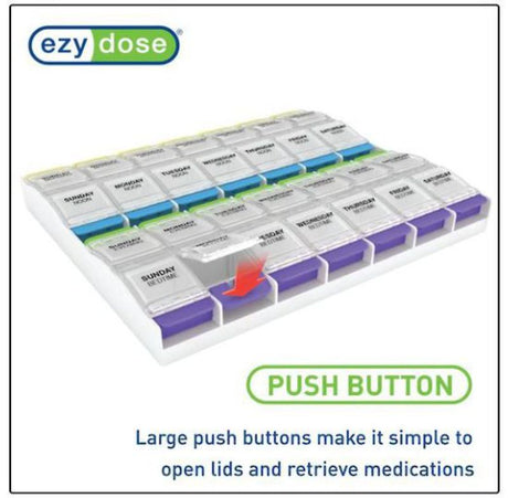 Acu-Life Ezy Dose Push Button Medtime (XL) pill organizer with large buttons, stability feet, and easy-access compartments.