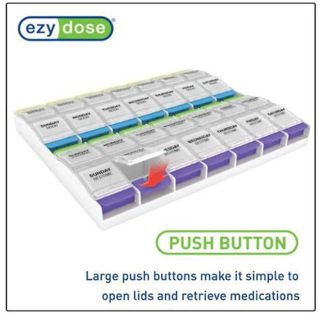 Acu-Life Ezy Dose Push Button Medtime (XL) pill organizer with large buttons, stability feet, and easy-access compartments.