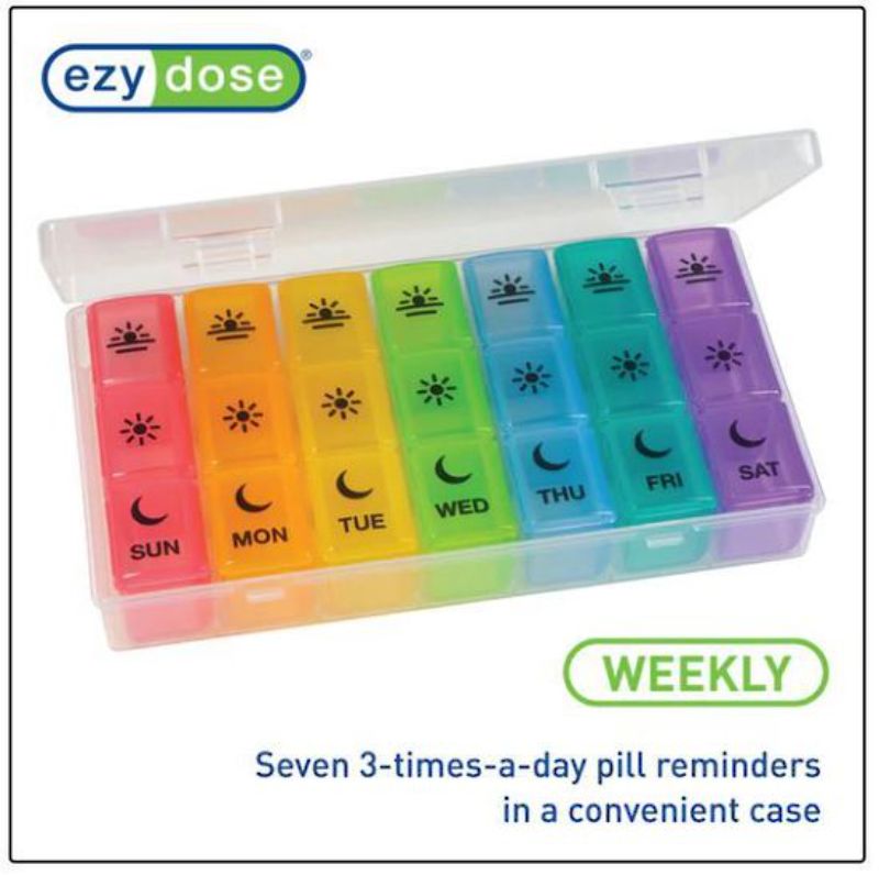 Colorful pill planner with pop-out compartments for daily medication management, holding up to 30 tablets per section.