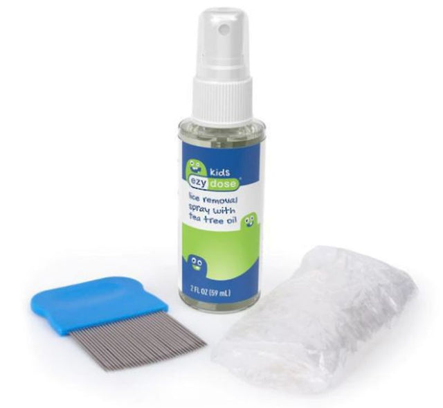 Acu-Life Ezy Dose Kids Tea Tree Lice Removal Kit featuring non-toxic spray, long-pin comb, and protective cap for effective lice treatment.