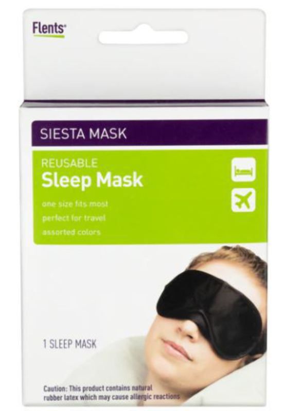 Flents Sleep Mask blocks light for restful sleep, featuring adjustable straps and soft padding for comfort during travel or naps.