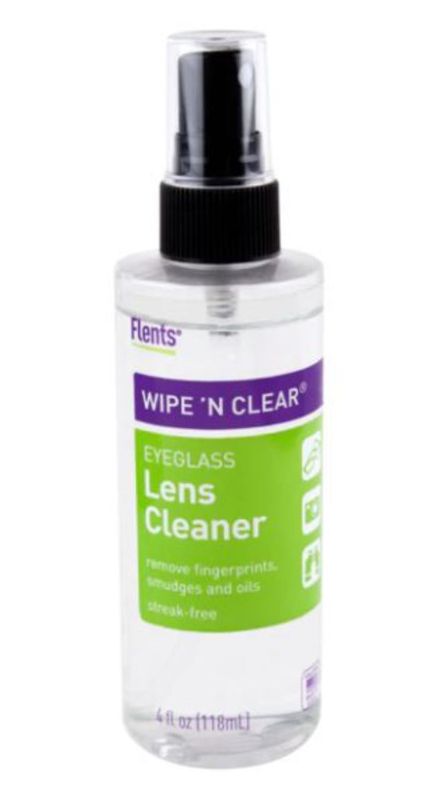 Flents Lens Cleaner Spray in a compact bottle for effective cleaning of glasses, camera lenses, and screens without streaks.