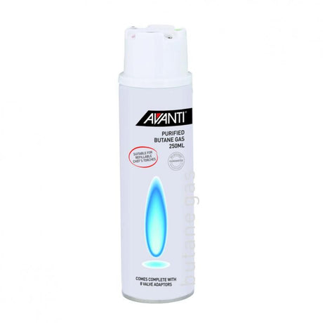 Avanti 250ml Butane Gas Torch Refill for culinary torches, lighters, and more; safe, eco-friendly, and compact for easy use.