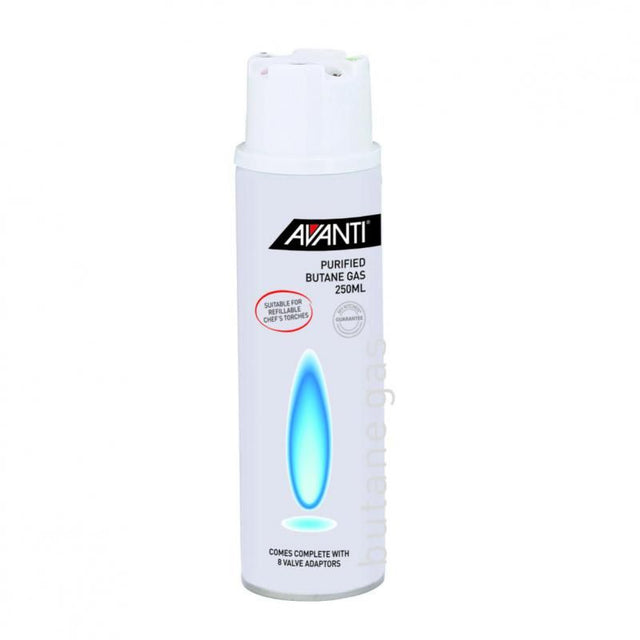 Avanti 250ml Butane Gas Torch Refill for culinary torches, lighters, and more; safe, eco-friendly, and compact for easy use.