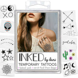 Inked Temporary Tattoos Festival Pack, showcasing vibrant, cruelty-free designs for self-expression at events.