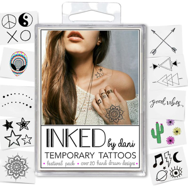 Inked Temporary Tattoos Festival Pack, showcasing vibrant, cruelty-free designs for self-expression at events.